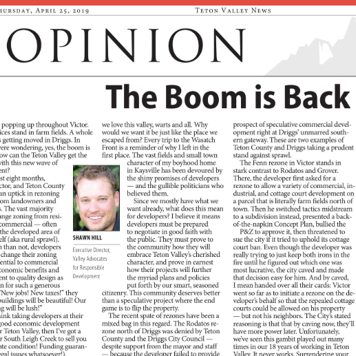 “The Boom is Back”  –  Editorial in the Teton Valley News